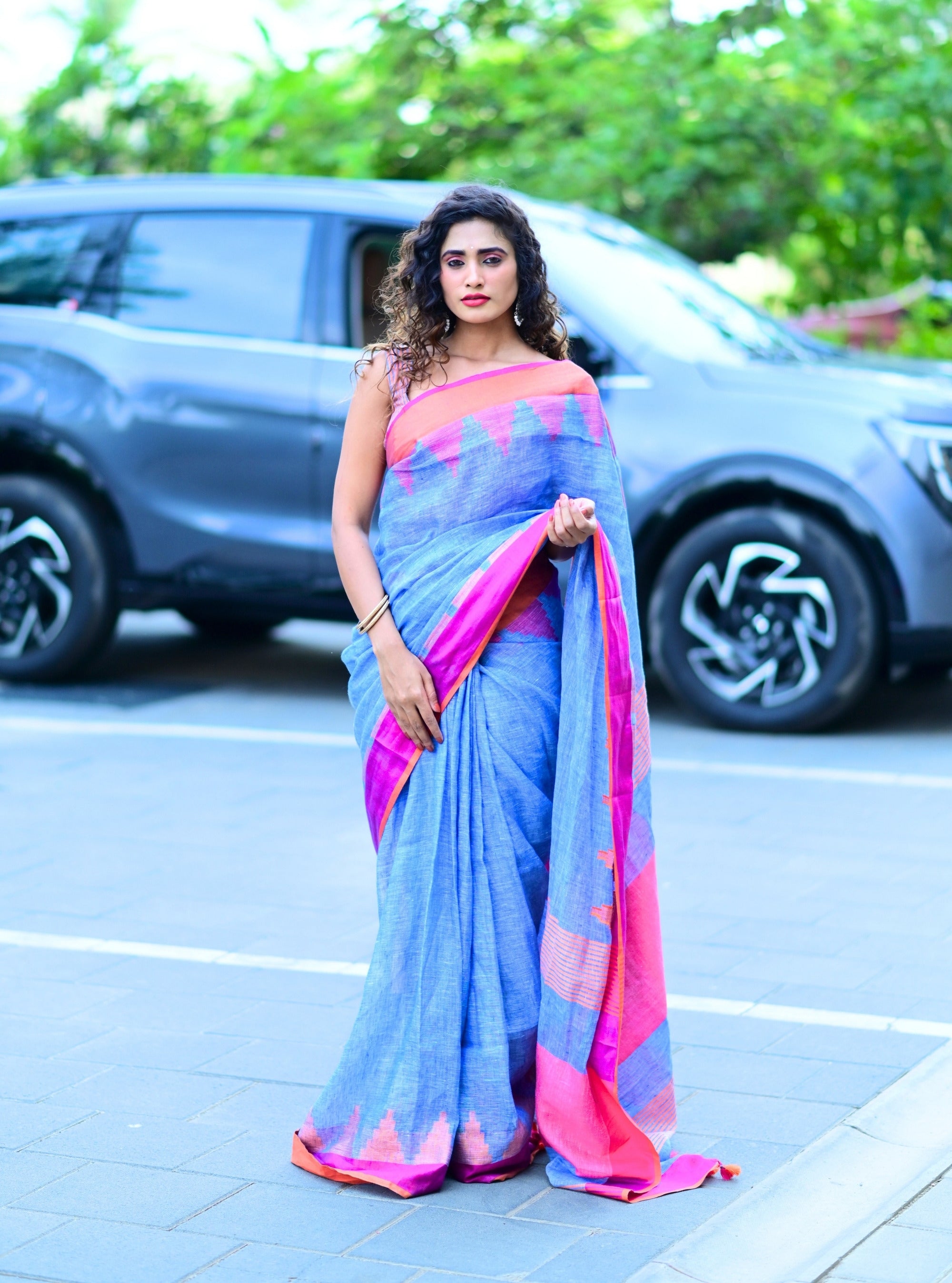 Trisha Denim Blue Handloom Linen Saree
