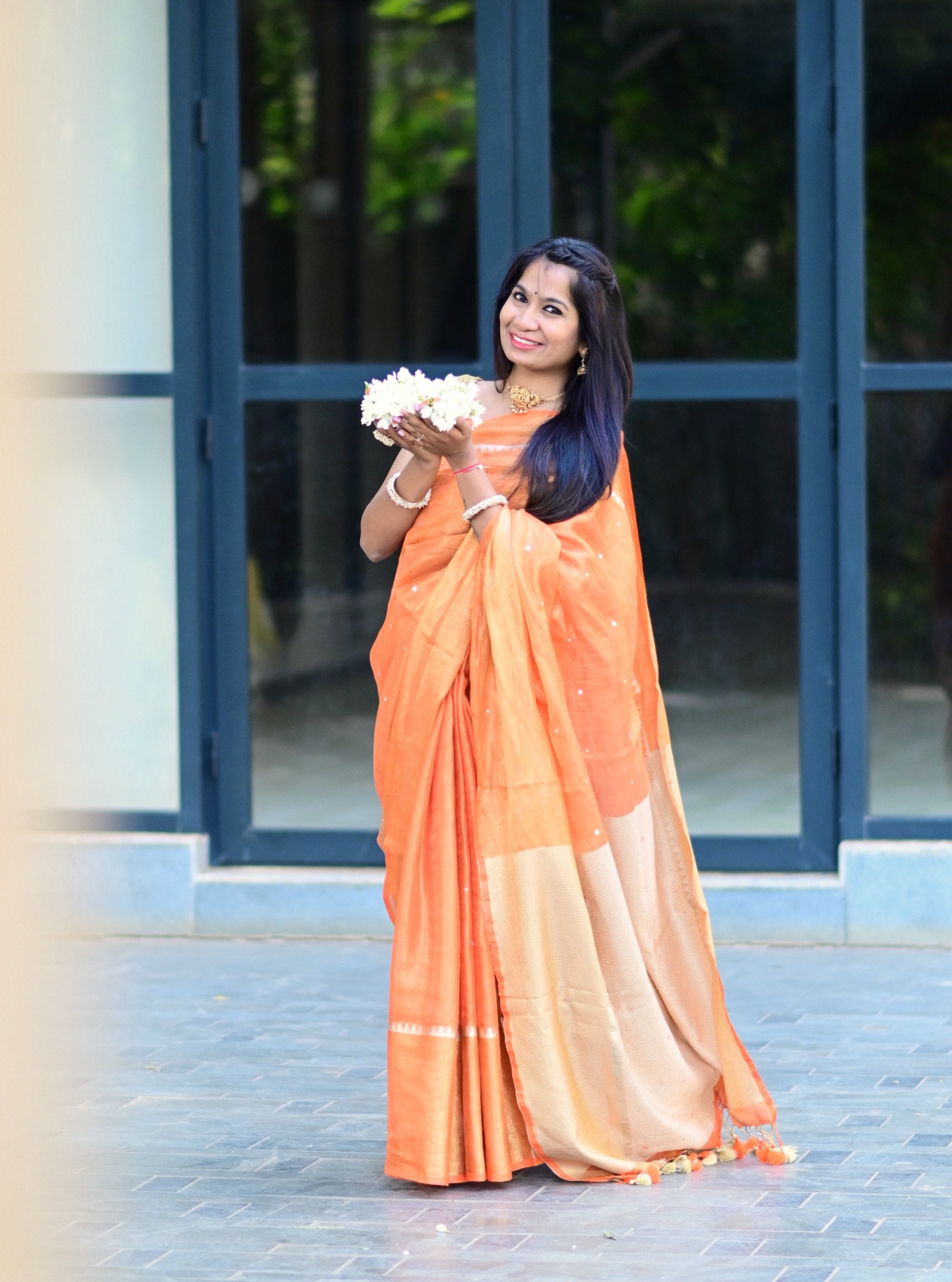 Kavya Mirror-work Zari Linen Saree