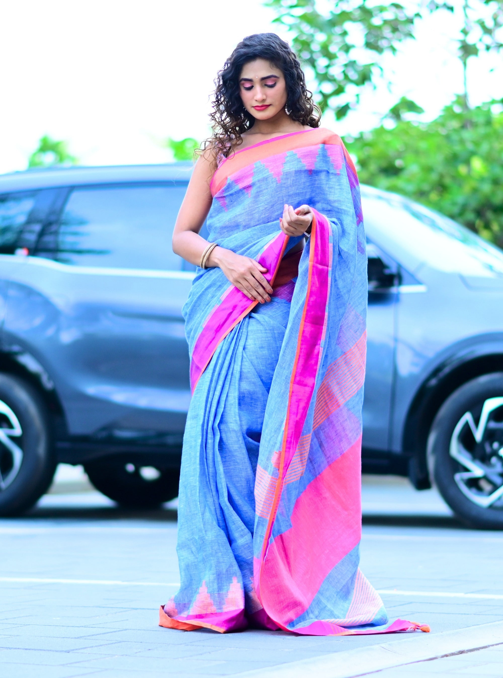 Trisha Denim Blue Handloom Linen Saree