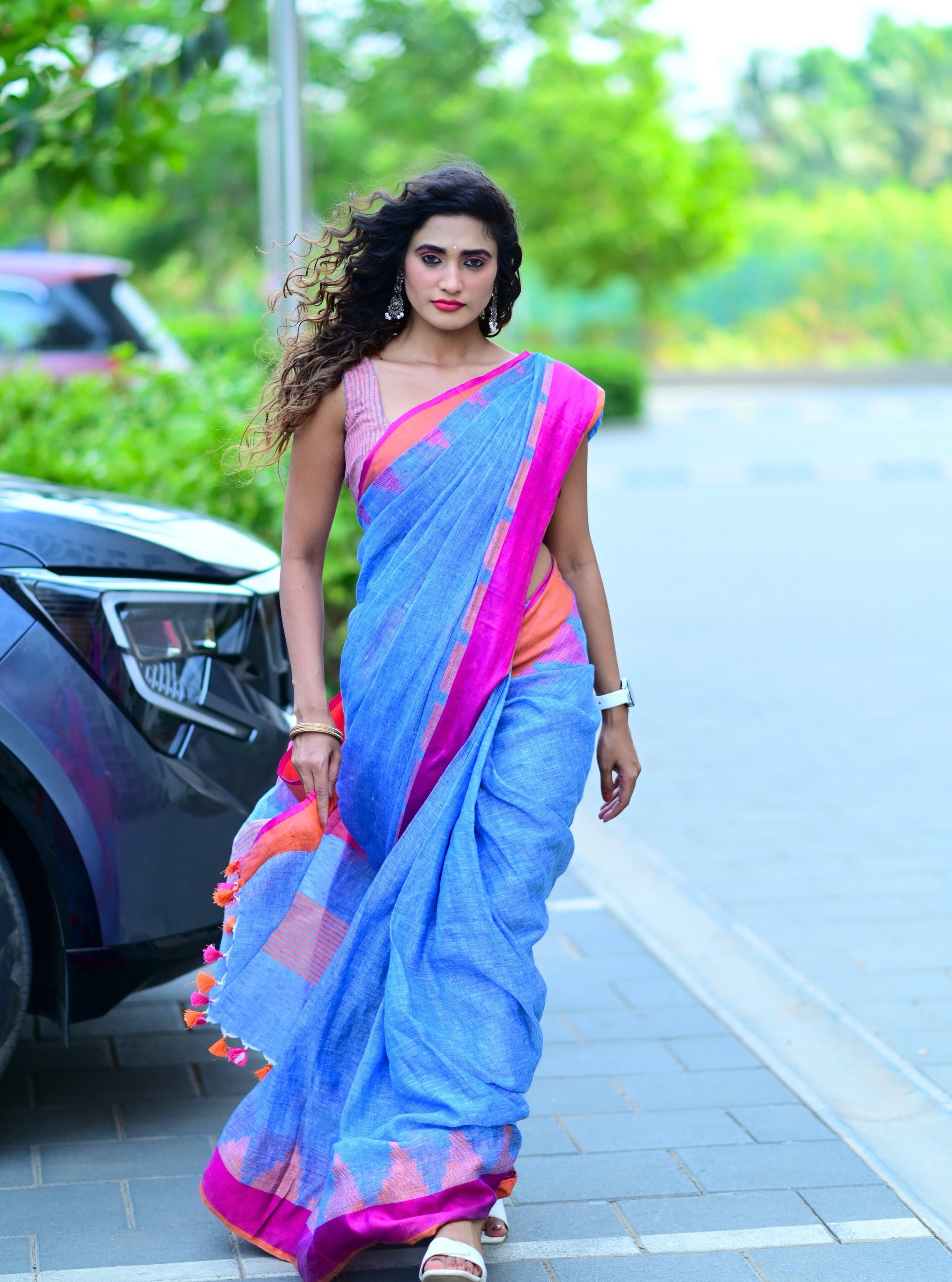 Trisha Denim Blue Handloom Linen Saree