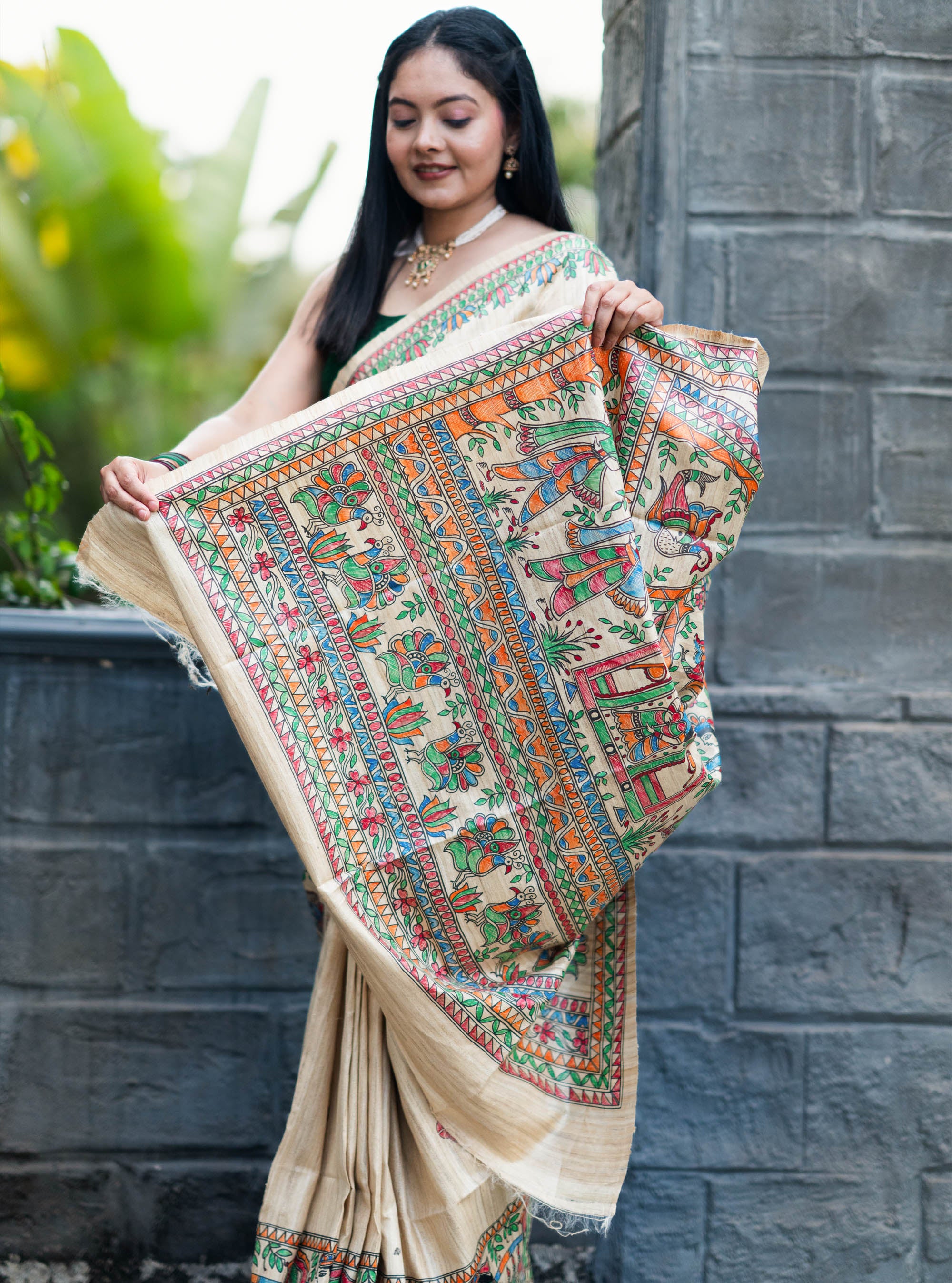 Mridula Handpainted Madhubani Ghicha Tussar Silk Saree