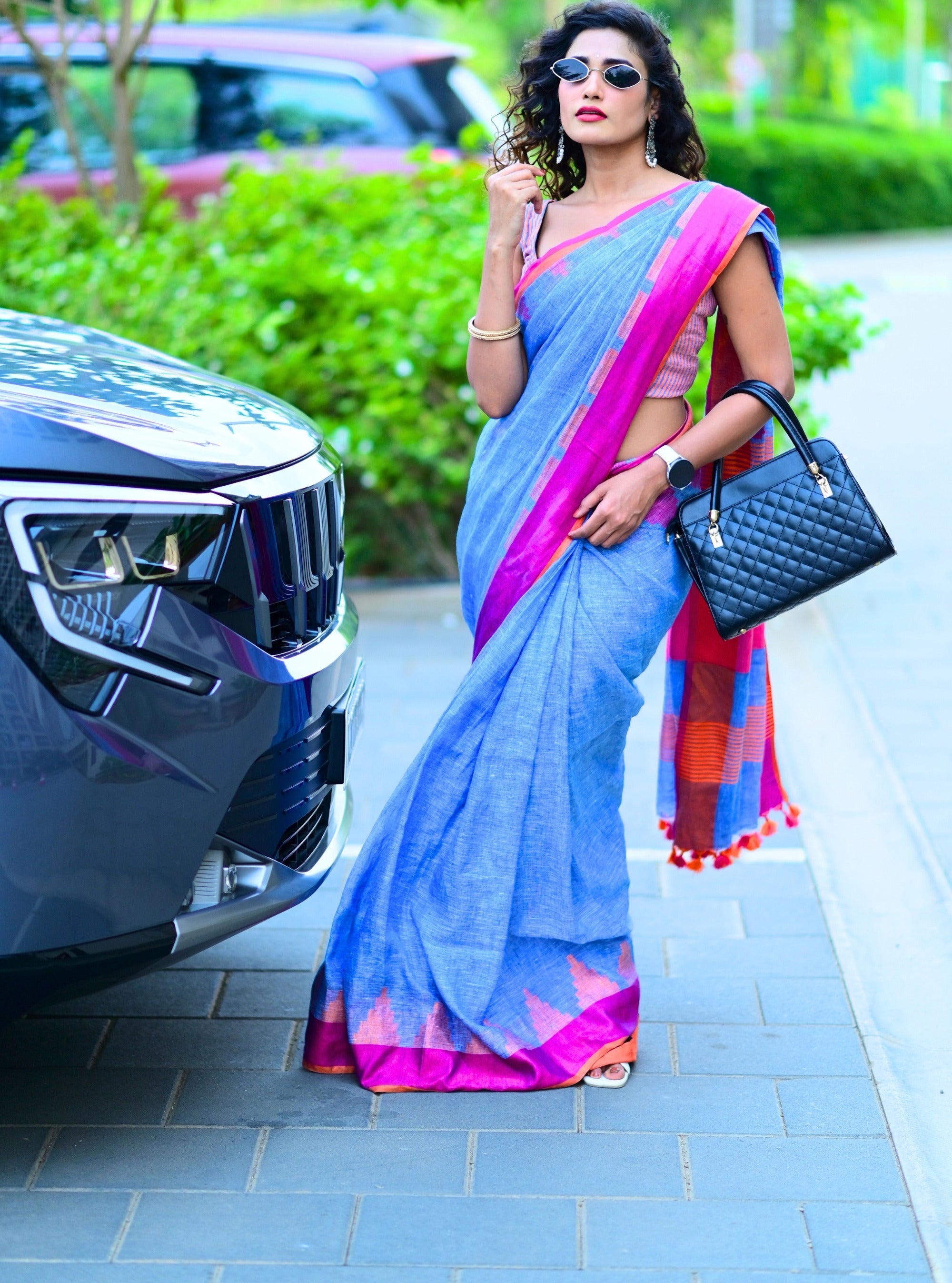 Trisha Denim Blue Handloom Linen Saree