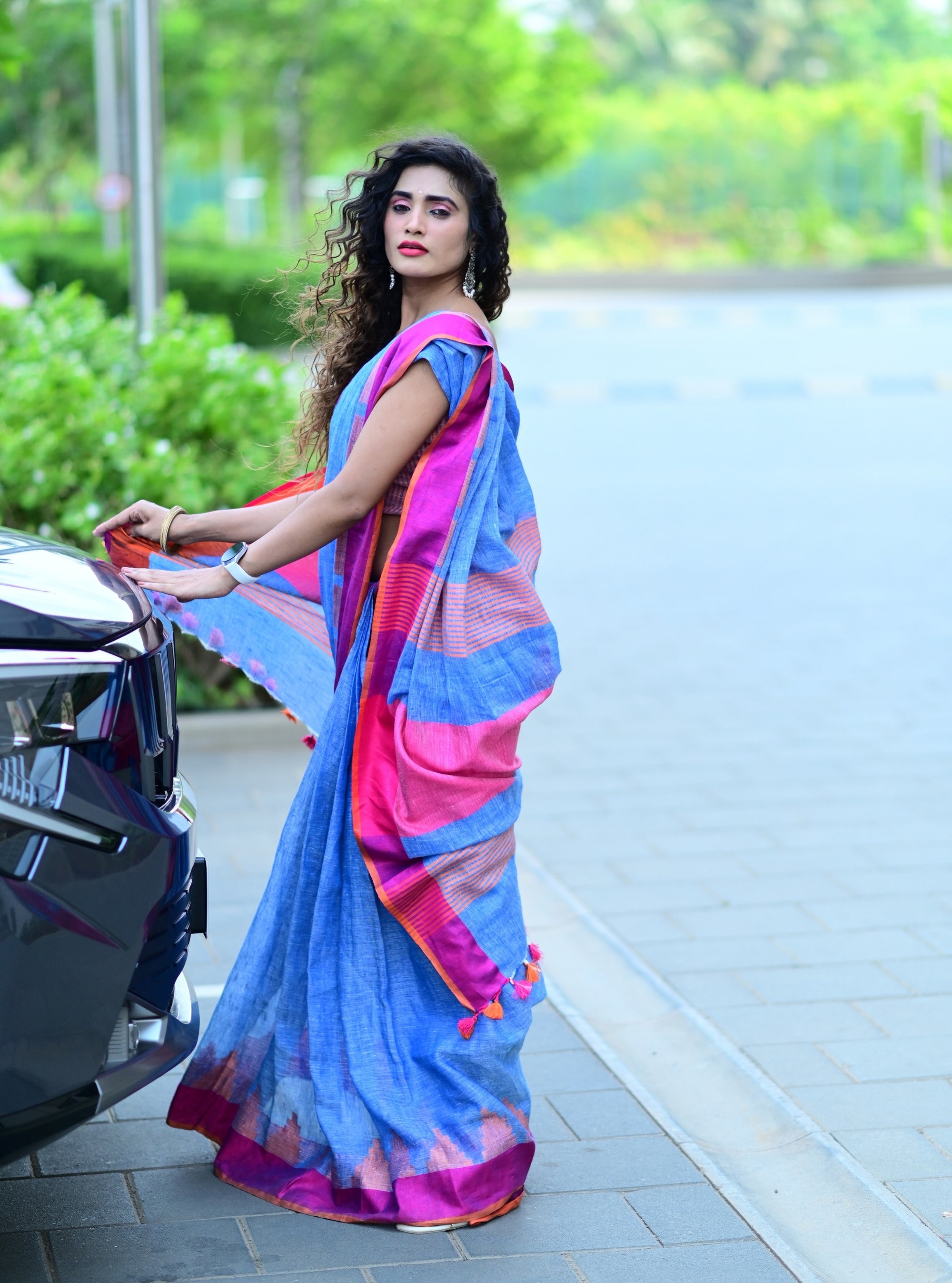 Trisha Denim Blue Handloom Linen Saree