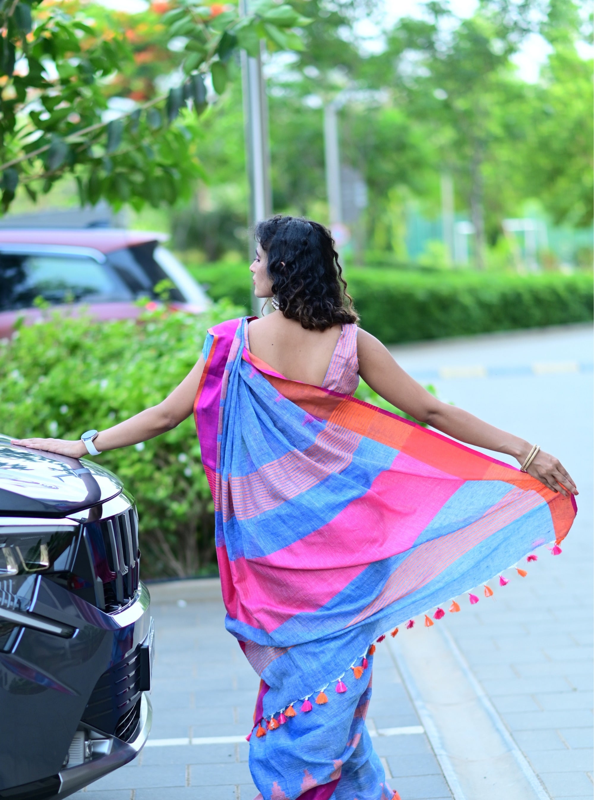 Trisha Denim Blue Handloom Linen Saree