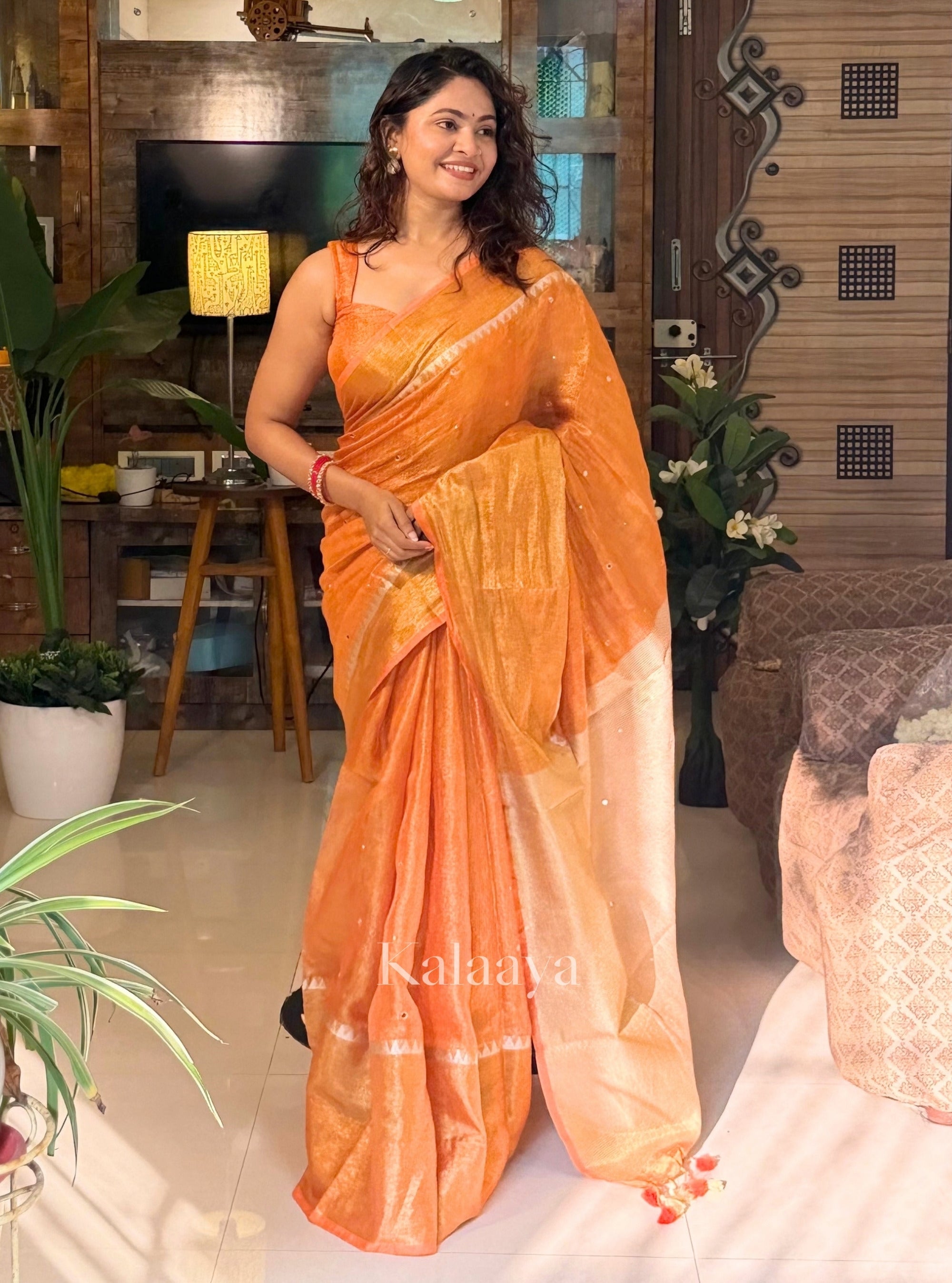 Kavya Mirror-work Tissue Linen Saree