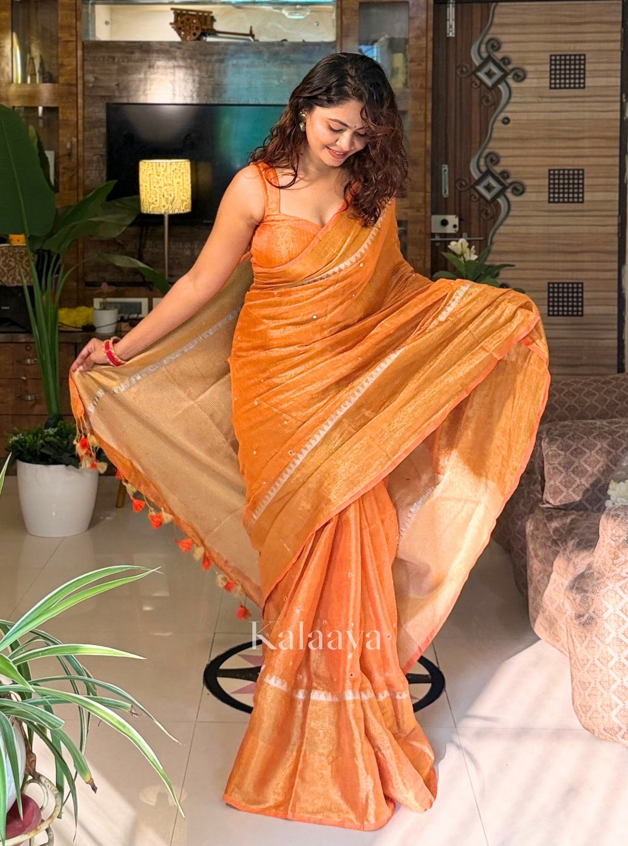 Kavya Mirror-work Tissue Linen Saree