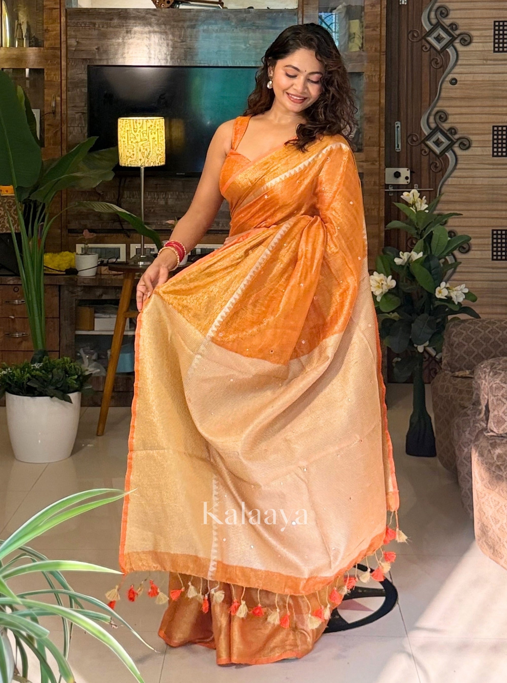 Kavya Mirror-work Tissue Linen Saree