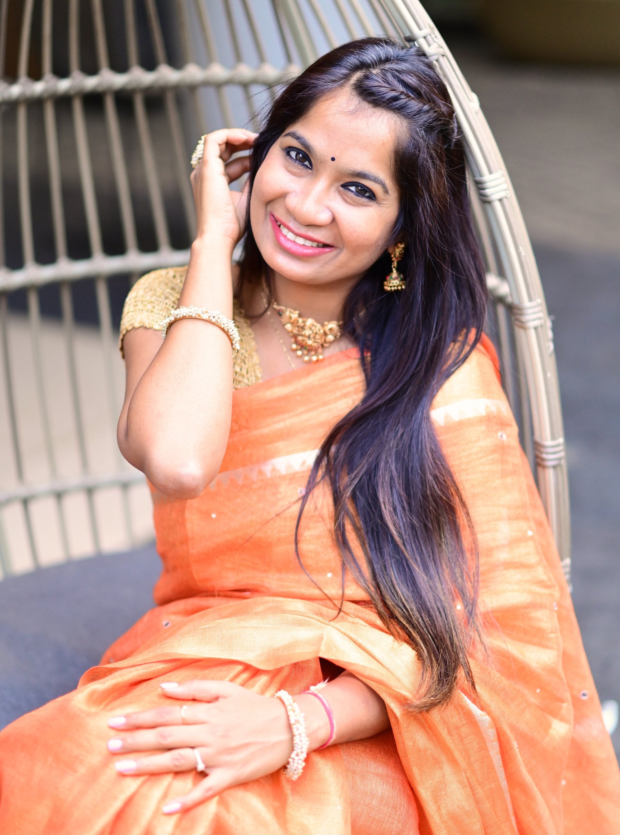 Kavya Mirror-work Zari Linen Saree
