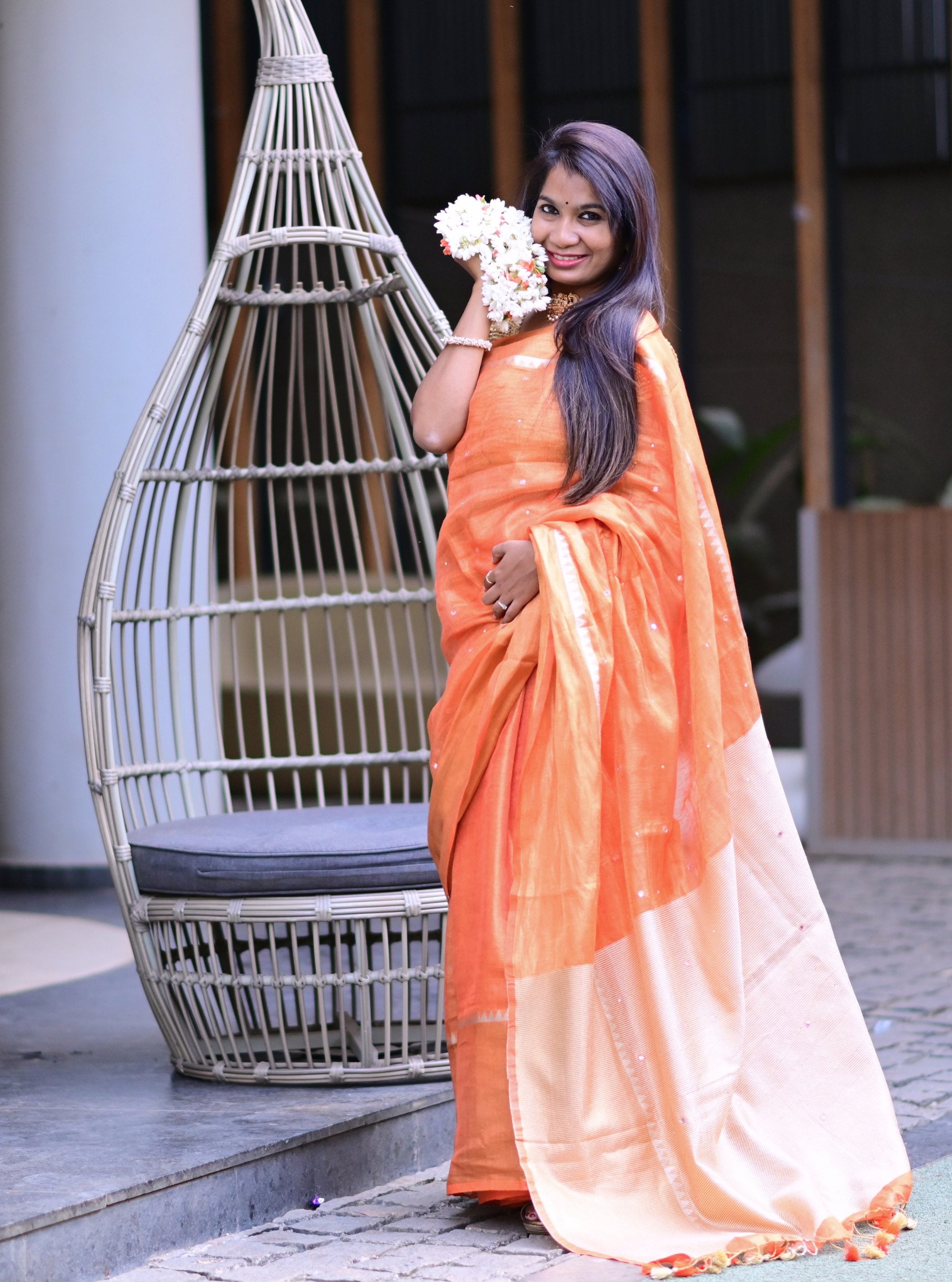 Kavya Mirror-work Zari Linen Saree