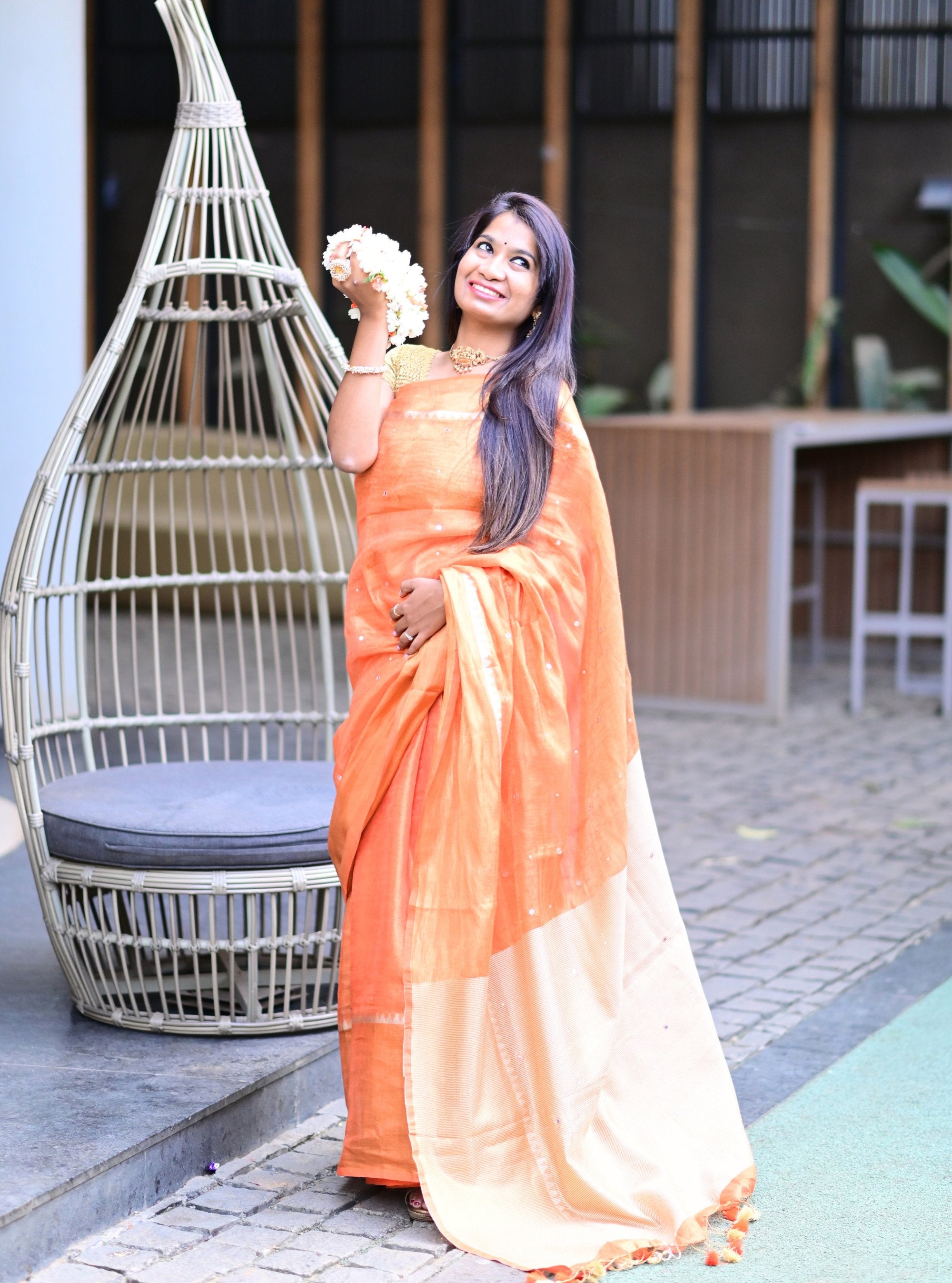 Kavya Mirror-work Zari Linen Saree