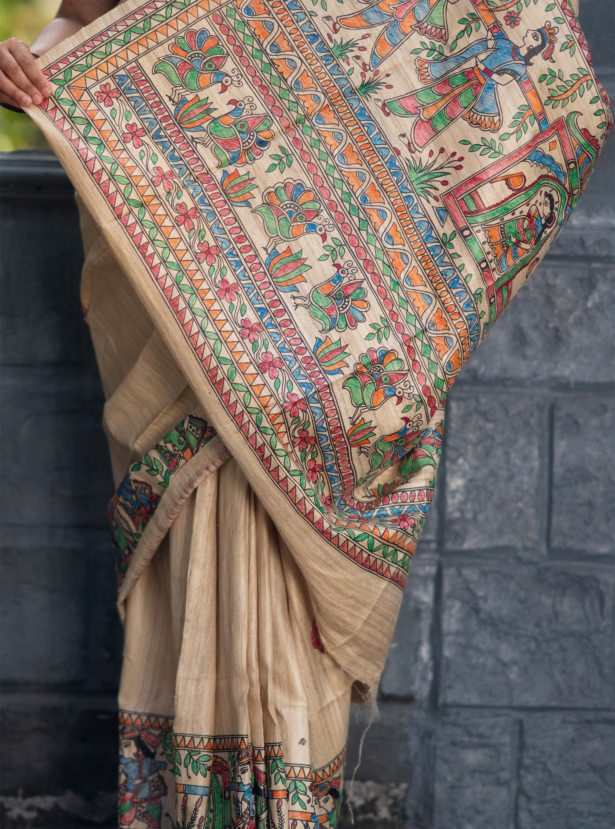 Mridula Handpainted Madhubani Ghicha Tussar Silk Saree