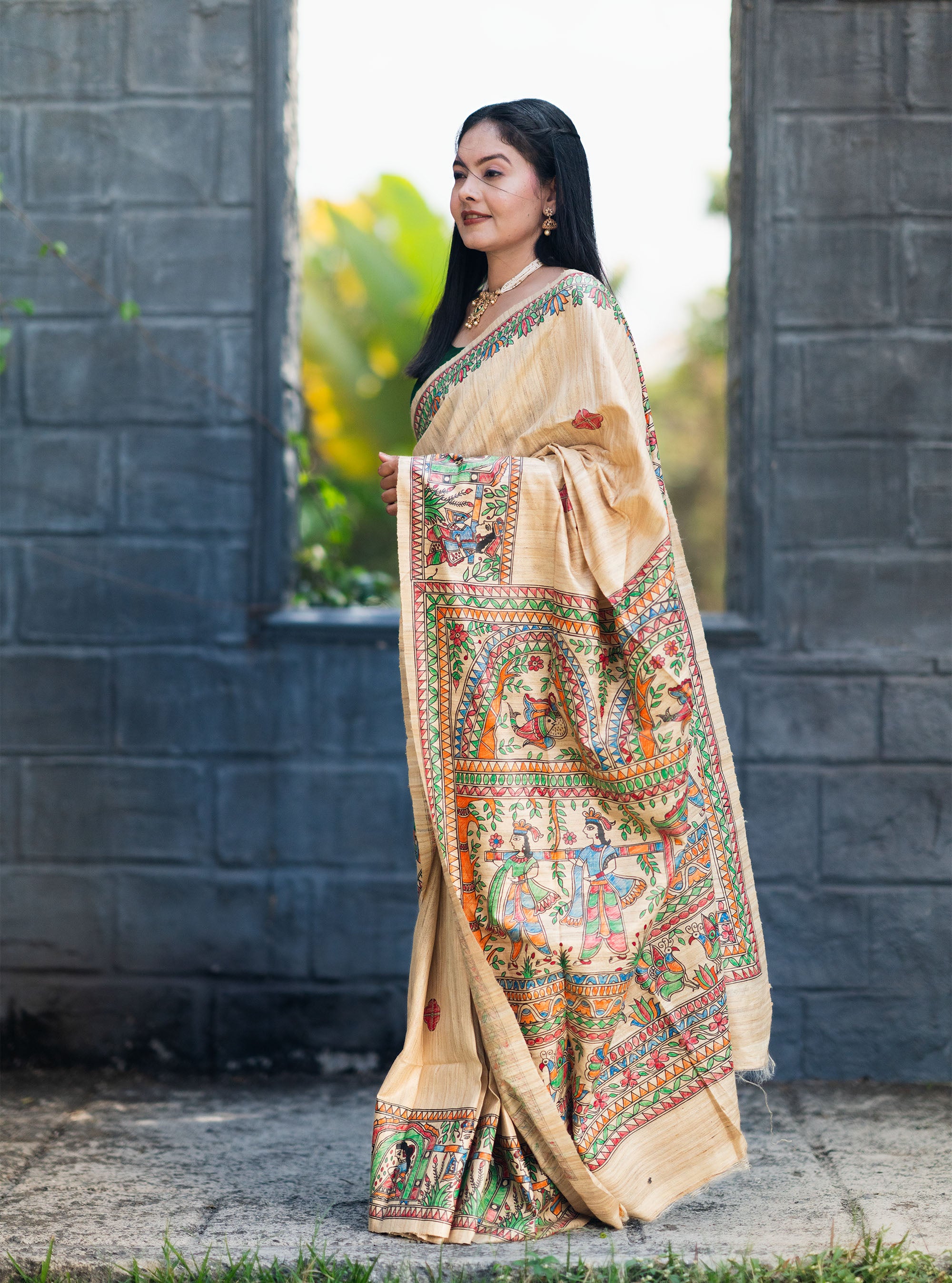 Mridula Handpainted Madhubani Ghicha Tussar Silk Saree