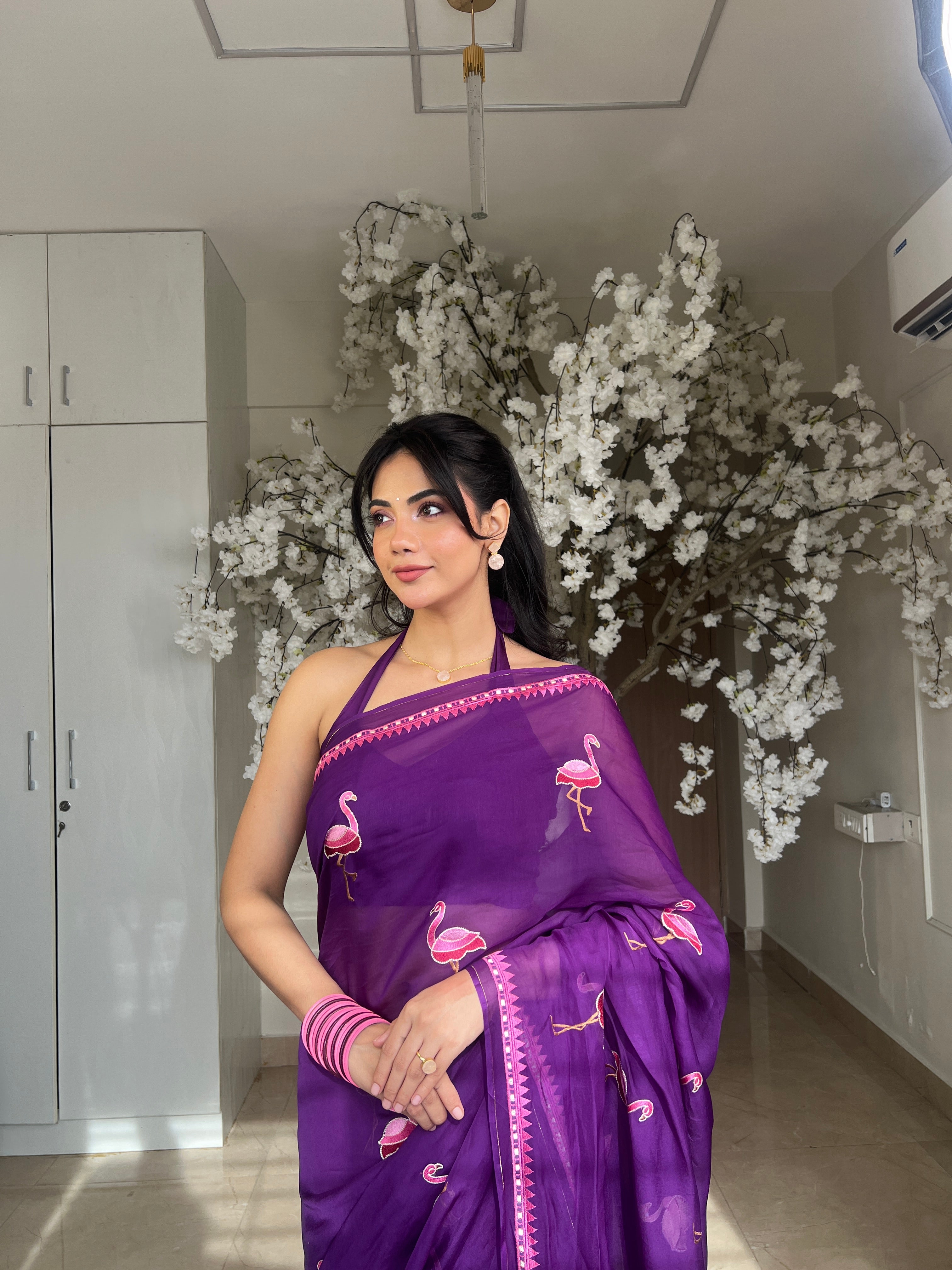 Malina Embroidered Flamingo Organza Saree
