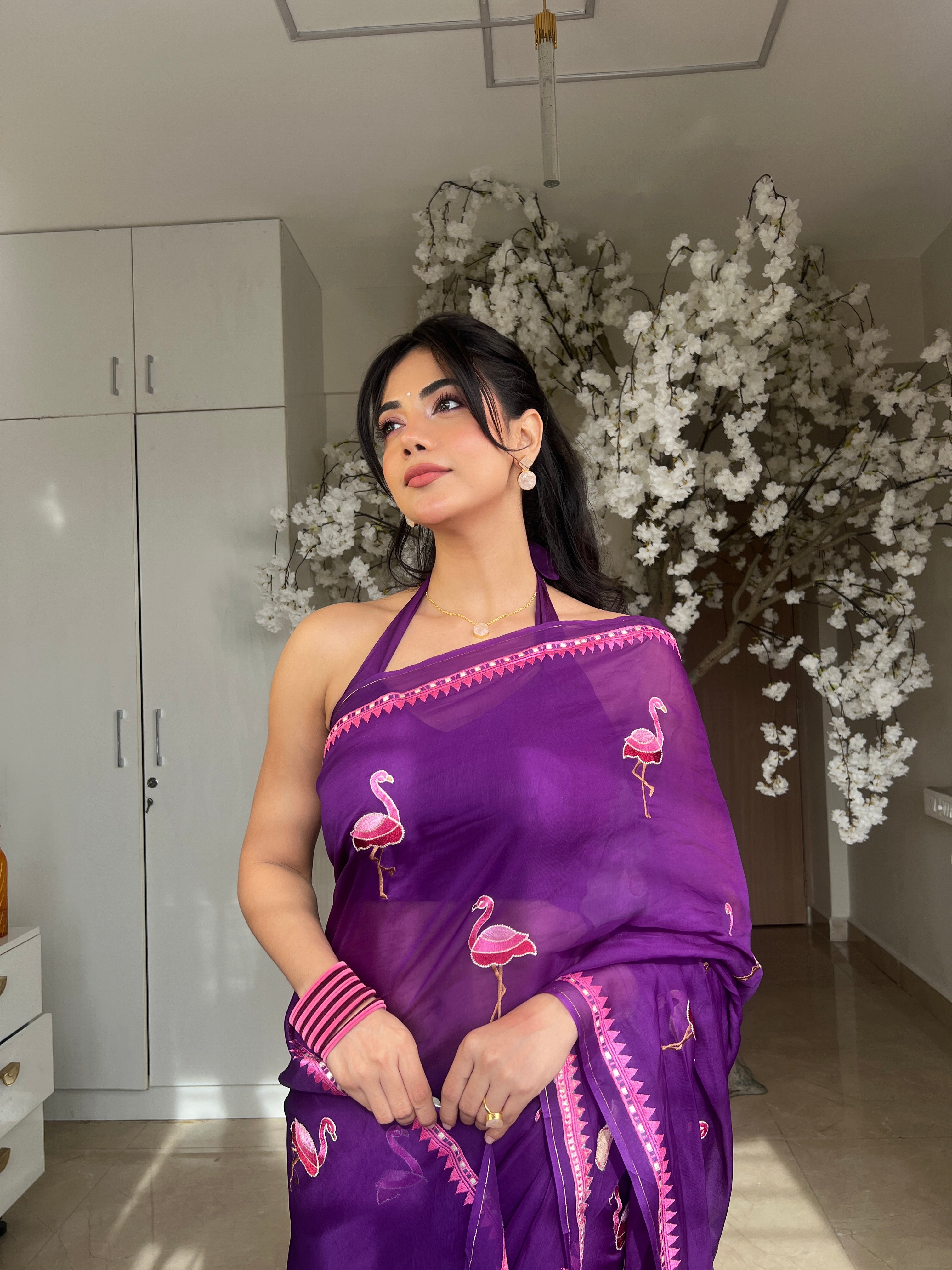 Malina Embroidered Flamingo Organza Saree