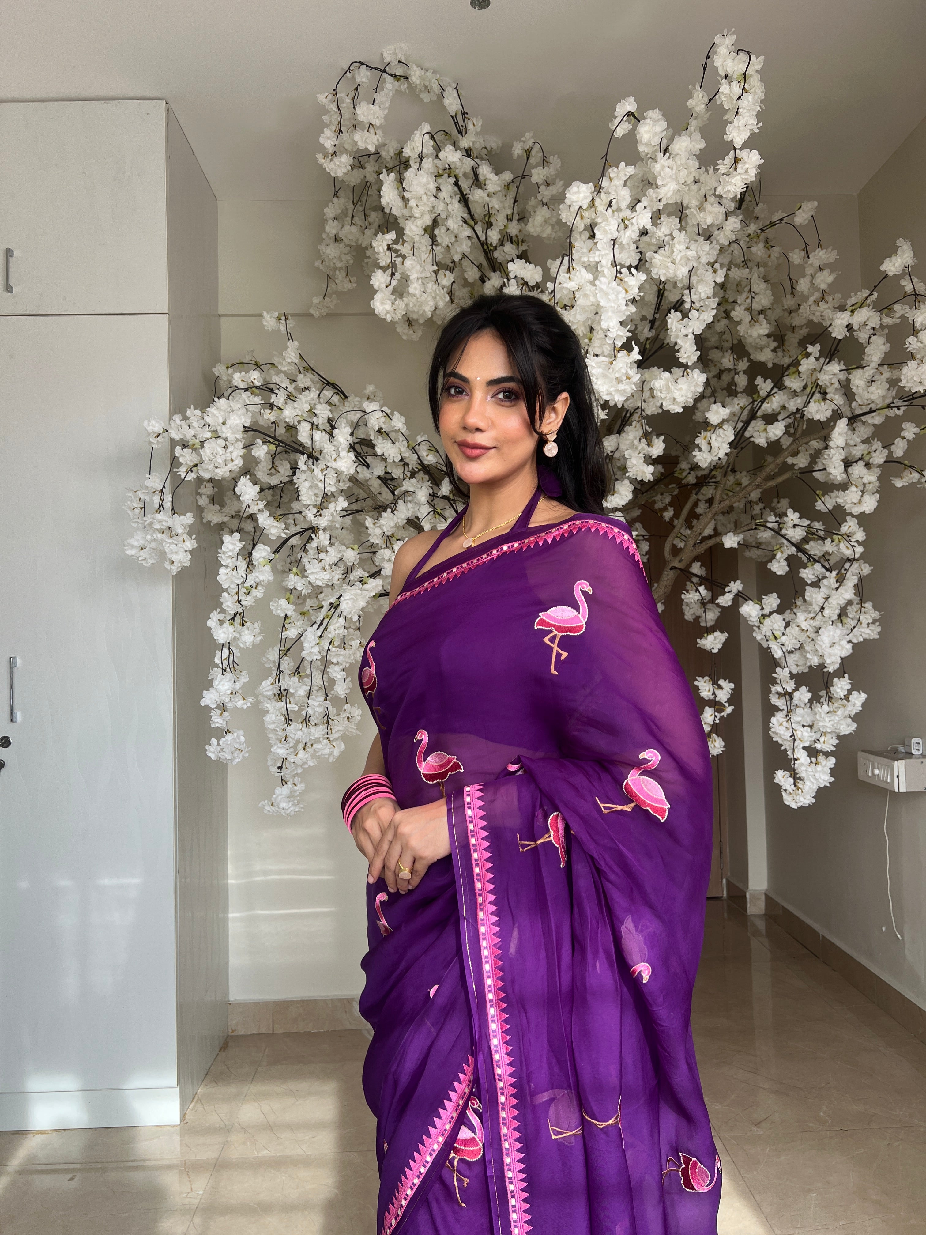Malina Embroidered Flamingo Organza Saree