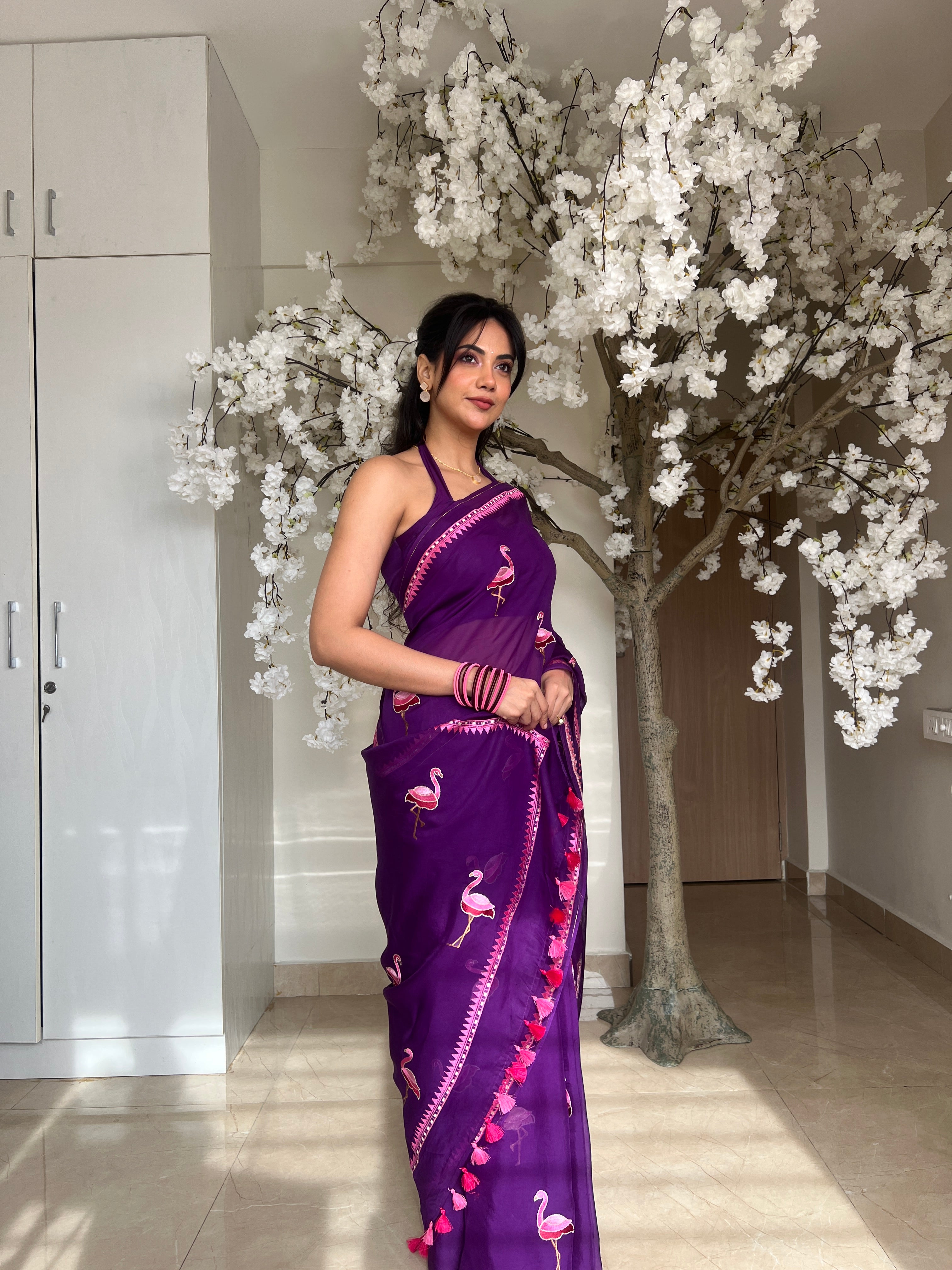 Malina Embroidered Flamingo Organza Saree