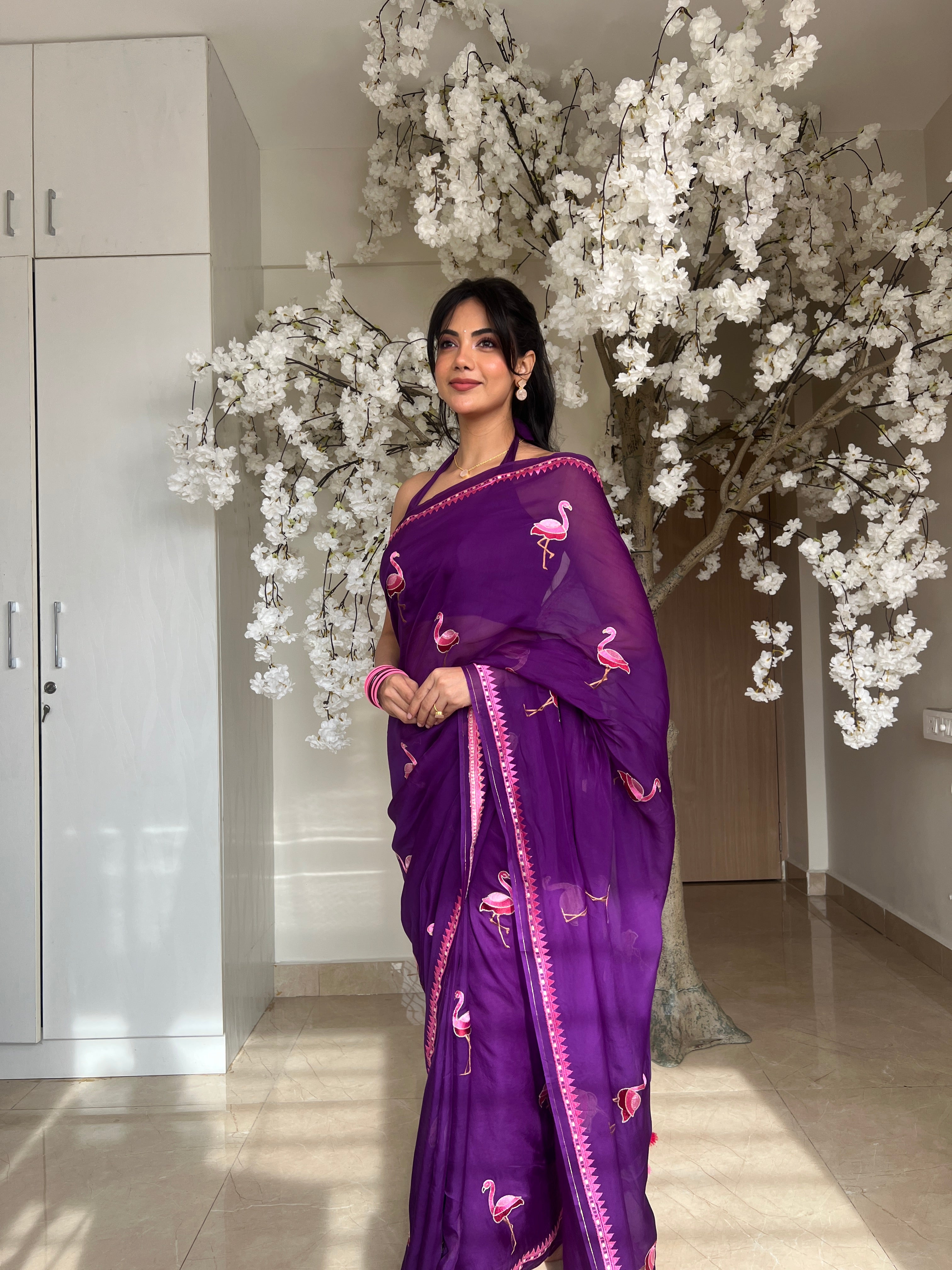Malina Embroidered Flamingo Organza Saree