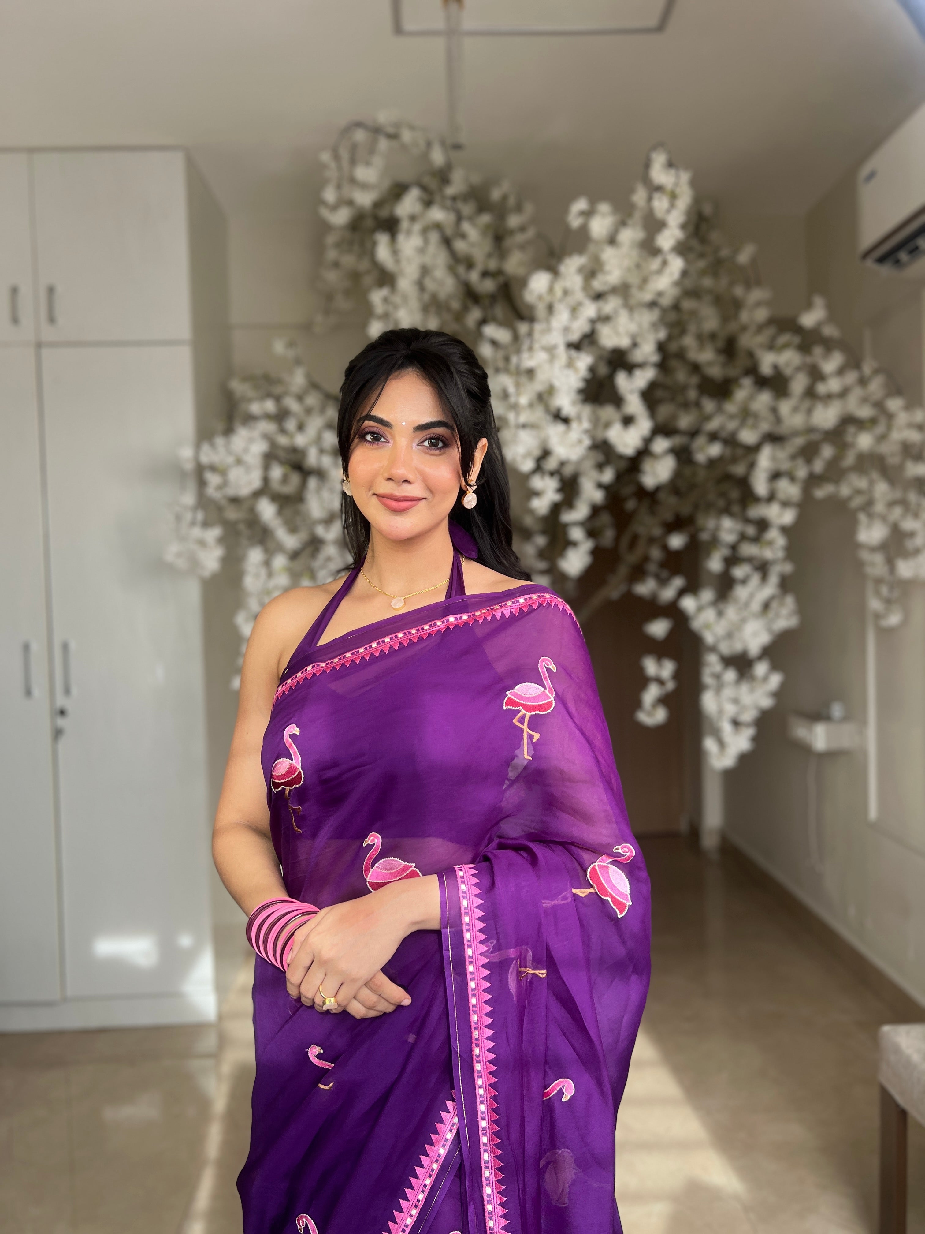 Malina Embroidered Flamingo Organza Saree