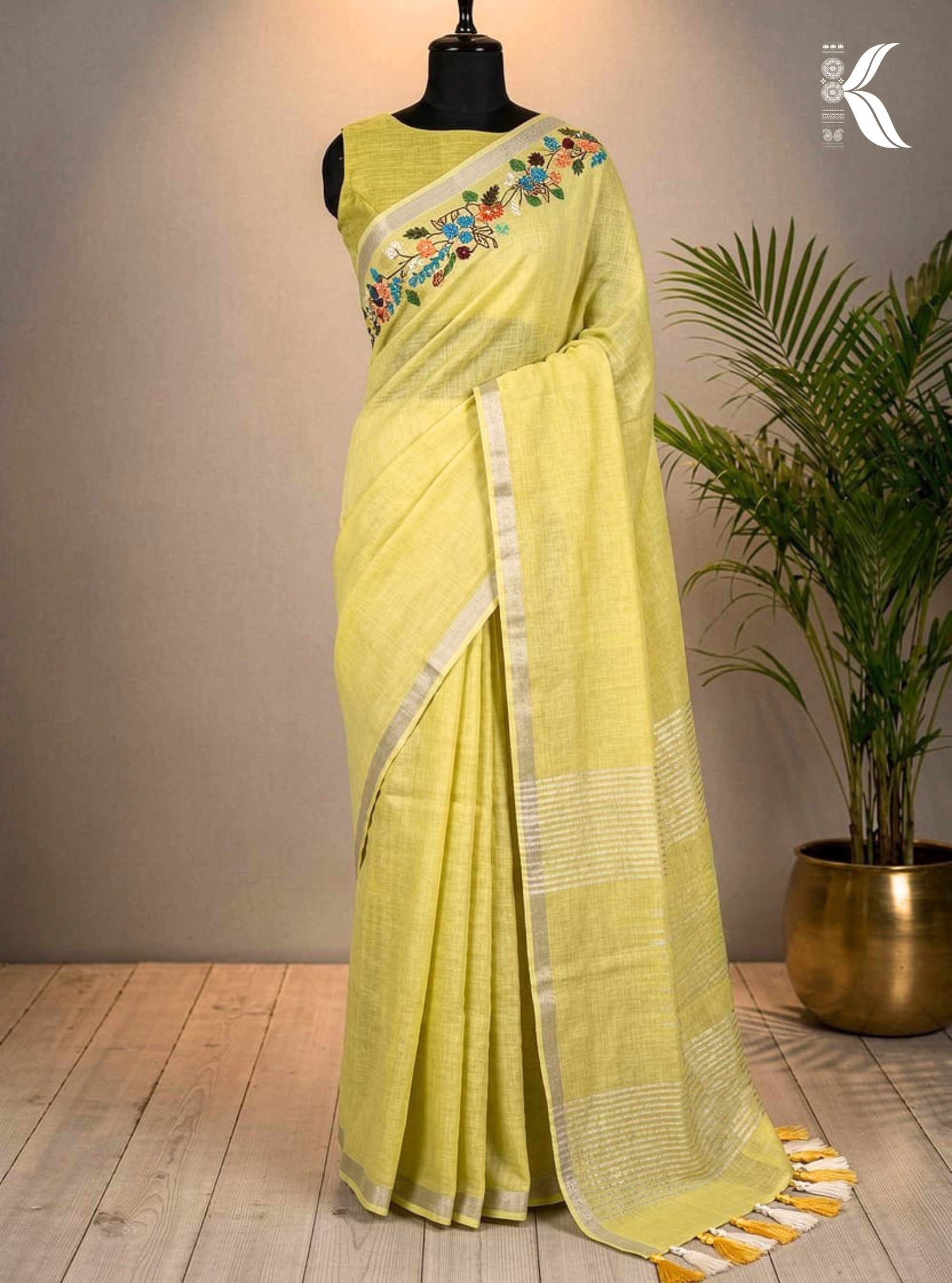 Masakali Lime Yellow Linen Saree